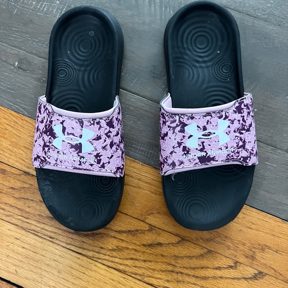 Under Armour Black and Lavender Slide Sandals